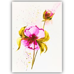Peony Original Watercolor Art  Room Decor Floral Painting Flower Small Painting