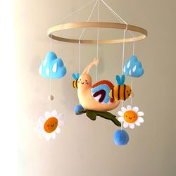 Snail Baby Mobile.  Bee Mobile. Forest Glade Mobile. Forest Snail Decor. Rainbow Nursery Mobile.