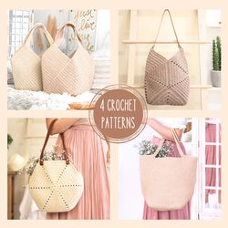 4 Crochet Bag Patterns Bundle, Tote bag DIY, Beach Bag, Shopping bag, Shoulder bag, gift for mom DIY handmade bag