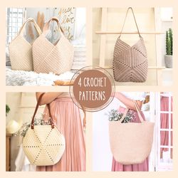 4 crochet bag patterns bundle, tote bag diy, beach bag, shopping bag, shoulder bag, gift for mom diy handmade bag