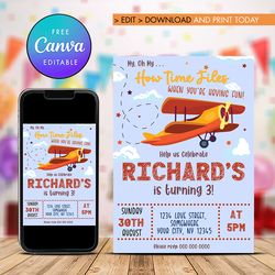 airplane birthday invitation, pilot boy birthday invitation canva editable instant download