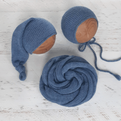 Blue Bonnet and Wrap Newborn, Jeans Knit Wrap and Hat Set