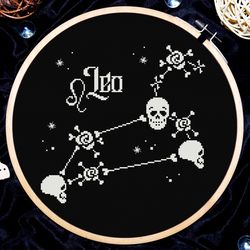 Leo zodiac sign cross stitch, Gothic cross stitch pattern, Skull cross stitch, Occult cross stitch, Digital PDF