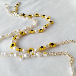 Bead and pearl necklace. Daisy necklace. Sunflower necklace. Daisy choker.