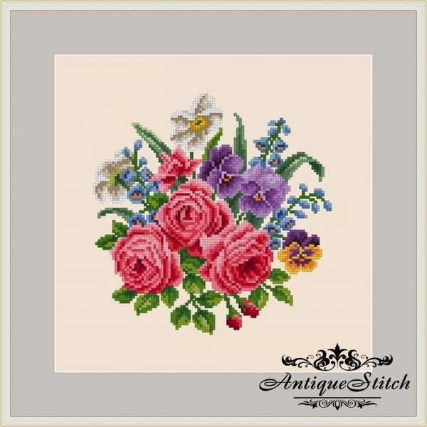Vintage-cross-stitch-pattern-Flowers-Bouquet-berlin-woolwork
