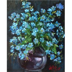 Bluebonnet Painting Forget me nots Original Oil Painting Floral Artwork by OlivKanArt