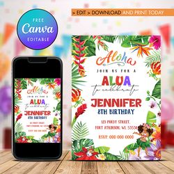 aloha birthday invitation, summer aloha birthday girl invitation canva editable instant download