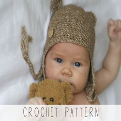 CROCHET PATTERN baby bear hat x Easy earflap hat pattern x Baby beginners crochet hat pattern x Newborn beanie crochet