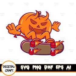 halloween pumpkin skater skateboard character svg, digital download