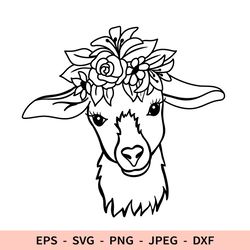 Funny Goat Svg Farm Animal Dxf File for Cricut Outline Cute Goat Face Png Flowers Portrait Sublimation