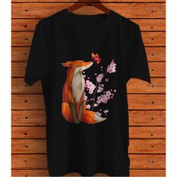 japanese fox cherry blossom flower sakura trees kawaii graphic t-shirt