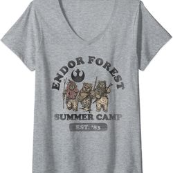 womens star wars endor forest summer camp group shot faded portrait v-neck