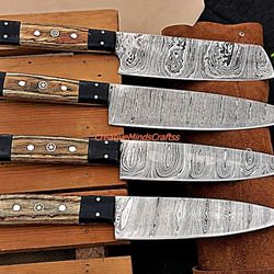 Chef knife set in High Grade with 4 Damascus knives Sharp Kitchen Knife Set - Handmade Knife Set With Leather Knives