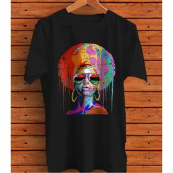 womens black queen afro melanin dripping art black history graphic t-shirt