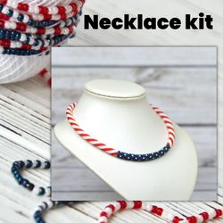 Bead crochet kit necklace, American flag colors, Kit to make beaded necklace, Red White Blue Patriotic necklace kit