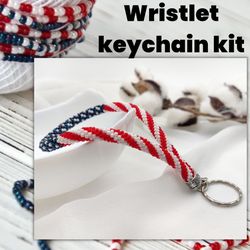 Bead wristlet keychain kit, Diy kit lanyard for keys, DIY kit wristlet keychain, American flag beadwork jewelry, USA kit