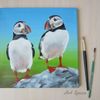 birds-puffin-two birds-picture in acrylic, square picture-picture on canvas-green picture-1.JPG