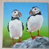 birds-puffin-two birds-picture in acrylic, square picture-picture on canvas-green picture-2.JPG