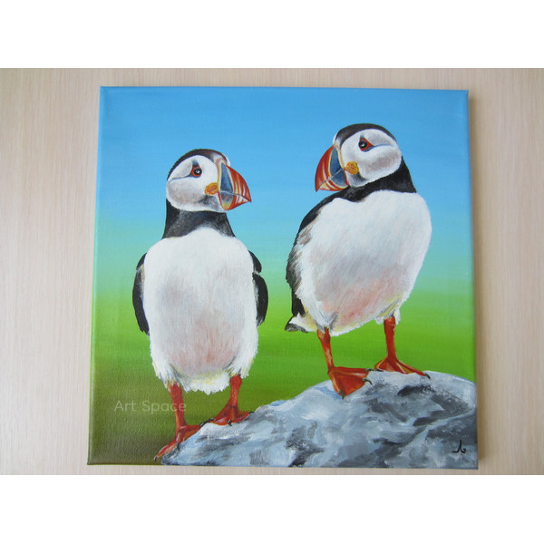 birds-puffin-two birds-picture in acrylic, square picture-picture on canvas-green picture-2.JPG