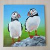 birds-puffin-two birds-picture in acrylic, square picture-picture on canvas-green picture-3.JPG