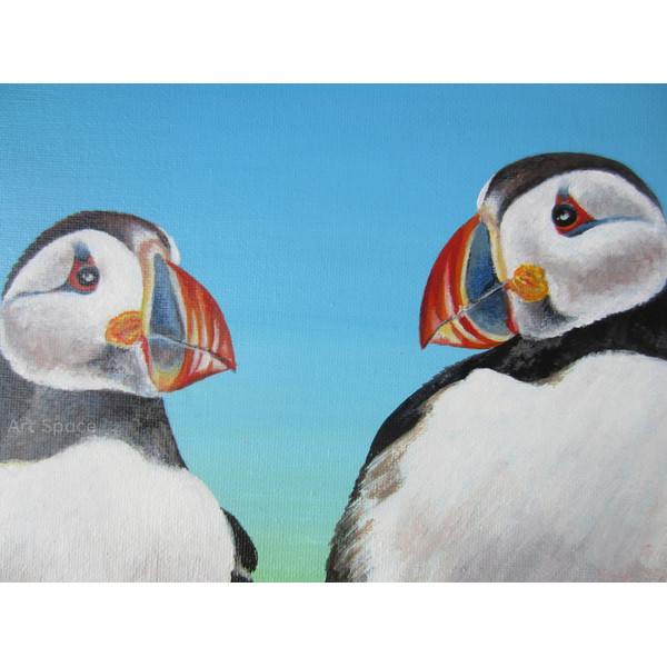 birds-puffin-two birds-picture in acrylic, square picture-picture on canvas-green picture-4.JPG