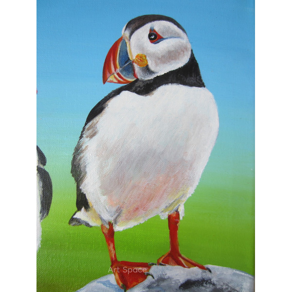 birds-puffin-two birds-picture in acrylic, square picture-picture on canvas-green picture-5.JPG