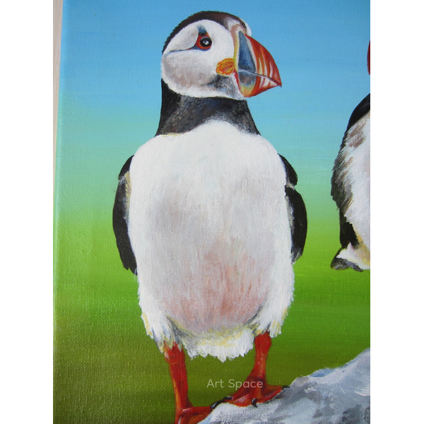 birds-puffin-two birds-picture in acrylic, square picture-picture on canvas-green picture-6.JPG