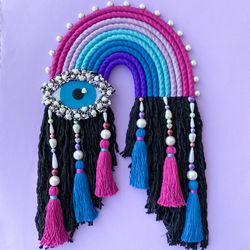 Macrame rainbow wall hanging with evil eye, Witchy room decor, Hippie mermaid decor, Pastel goth aesthetic