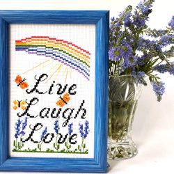 Live Laugh Love, Lavender Plant Art, Hand Embroidery, Rainbow Sign, Motivational Phrase, Positive Quote, Inspiring Decor