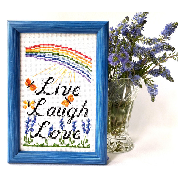 Live Laugh Love Framed Picture. Lavender Plant Art. Handmade Embroidery. Rainbow Sign.  Motivational Phrase. Positive Quote. Inspiring Home Decor.jpg