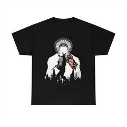 bigfoot hold native american flag t-shirt