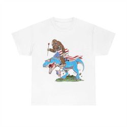 bigfoot riding dinosaur usa flag 4th of july america t-shirt