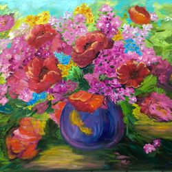 Bouquet Of Bright Flowers Original Oil Painting Floral Artwork Flowers Art Poppy Painting On Canvas Original  Painting
