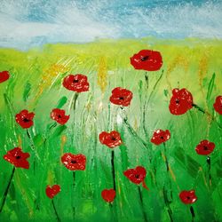 Red poppies field Summer landscape poster Oil impasto painting