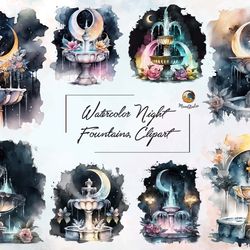 watercolor night fountains clipart