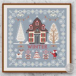 Cross stitch Pattern Winter House Sampler PDF Design Embroidery Winter Garden Instant Download Digital PDF 326