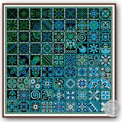 Cross Stitch Pattern Patchwork - Swatch Blue - Geometric Squares -Ethnic Folk Art Design Pillow Cross Stitch Sampler 335