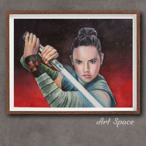 Original watercolor painting, Rey Skywalker, Jedi, Star Wars, movie, BEAUTIFUL WARRIOR, gift, home wall decor office