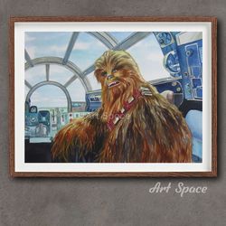 original watercolor painting, chewbacca, star wars, movie, excellent pilot, gift, home wall decor office