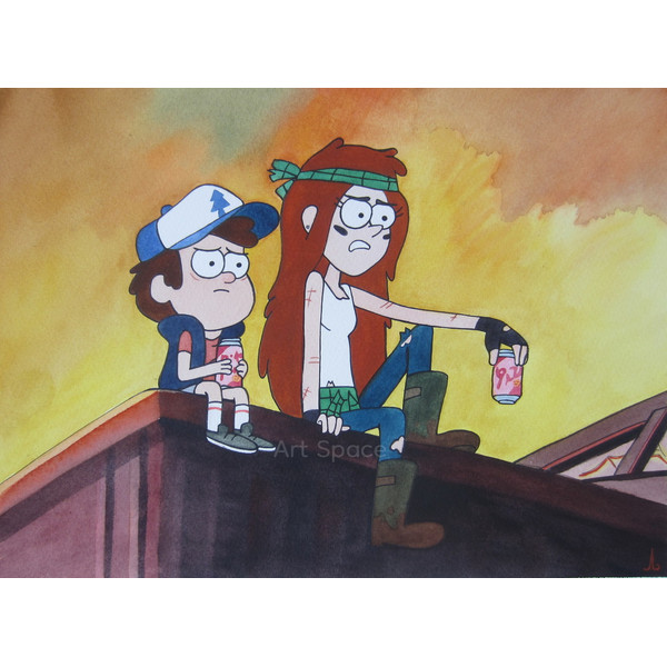 Gravity Falls-Wendy-Dipper-orange-roof-picture-on-a-roof teen- watercolor-friends-1.JPG