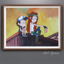 original watercolor painting **friends** wall decoration gravity falls, dipper, mabel, pines, mystery shack playroom