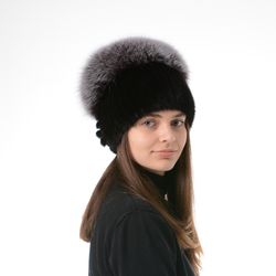 Women's fur knitted mink hat with a large pompom made of fox fur "Dragonfly"