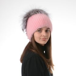 Women's fur beanie mink hat with a large pompom made of fox fur