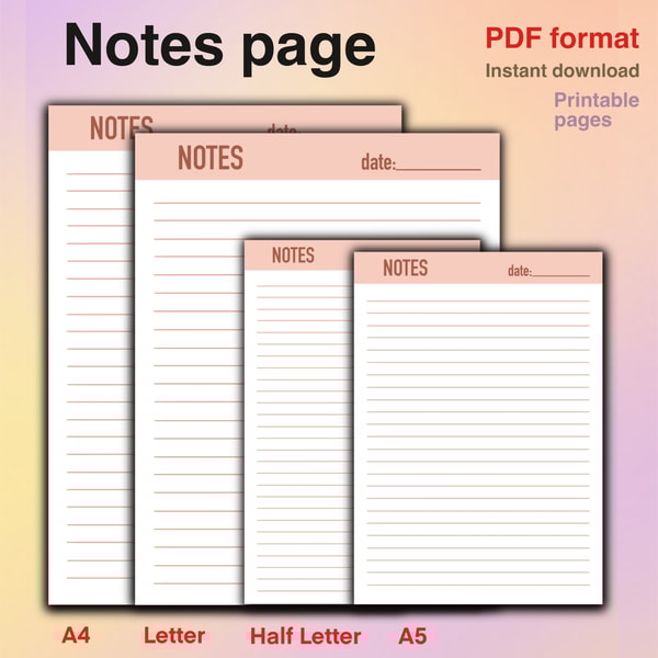 Notes Page Printable, Lined Note Paper, Notes Page Planner, | Inspire ...