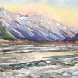 ORIGINAL WATERCOLOR PAINTING Mountain landscape Artwork gift hand painting 8x11 Inch