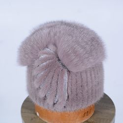 Real Mink Fur Knitted Beanie Hat with Genuine Fox Fur Pomponop Women's Hat