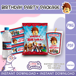 Roblox Party Pack, Roblox Chip Bag, Bottle label and juice pouch bag label, instant download, not editable