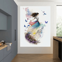 woman floating with butterflies, happy woman art, digital painting, digital art, art design, wall painting art, woman