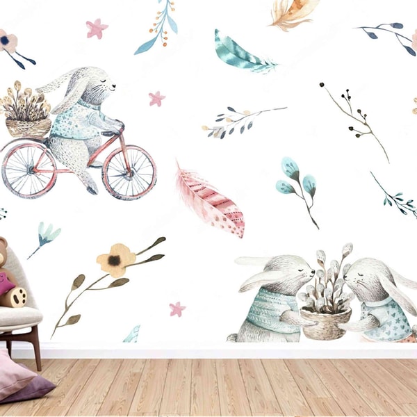 Cartoon Rabbit Wallpaper Wall Mural, Kids Room Decoration | Inspire Uplift