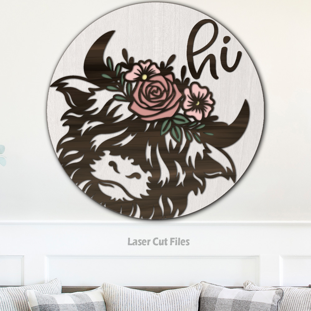 Highland Cow SVG Laser Cut Files Rose Cow SVG Door Hanger SVG Glowforge Files 2.png